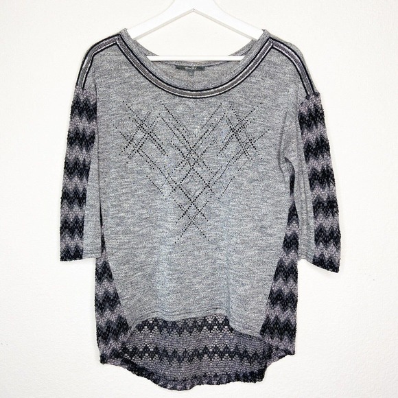 Miss Me Gray Rhinestone Embellished Sequin Beaded Trim Mixed Knit Sweater Sz S - Picture 1 of 10